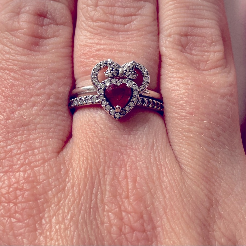 Retired Pandora Minnie Ears Ring and Pandora Red Elevated Heart Halo ring set